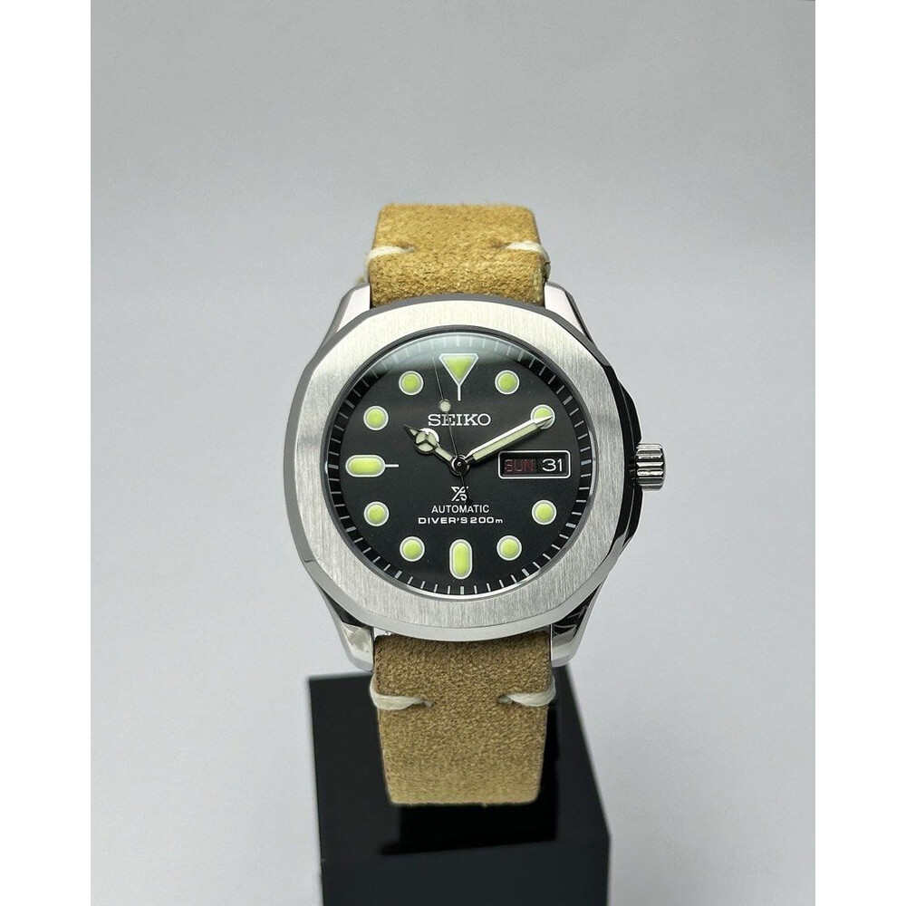 Custom Seiko Mod • Black Sand Prospex Nautilus on Suede Leather Strap • 40mm